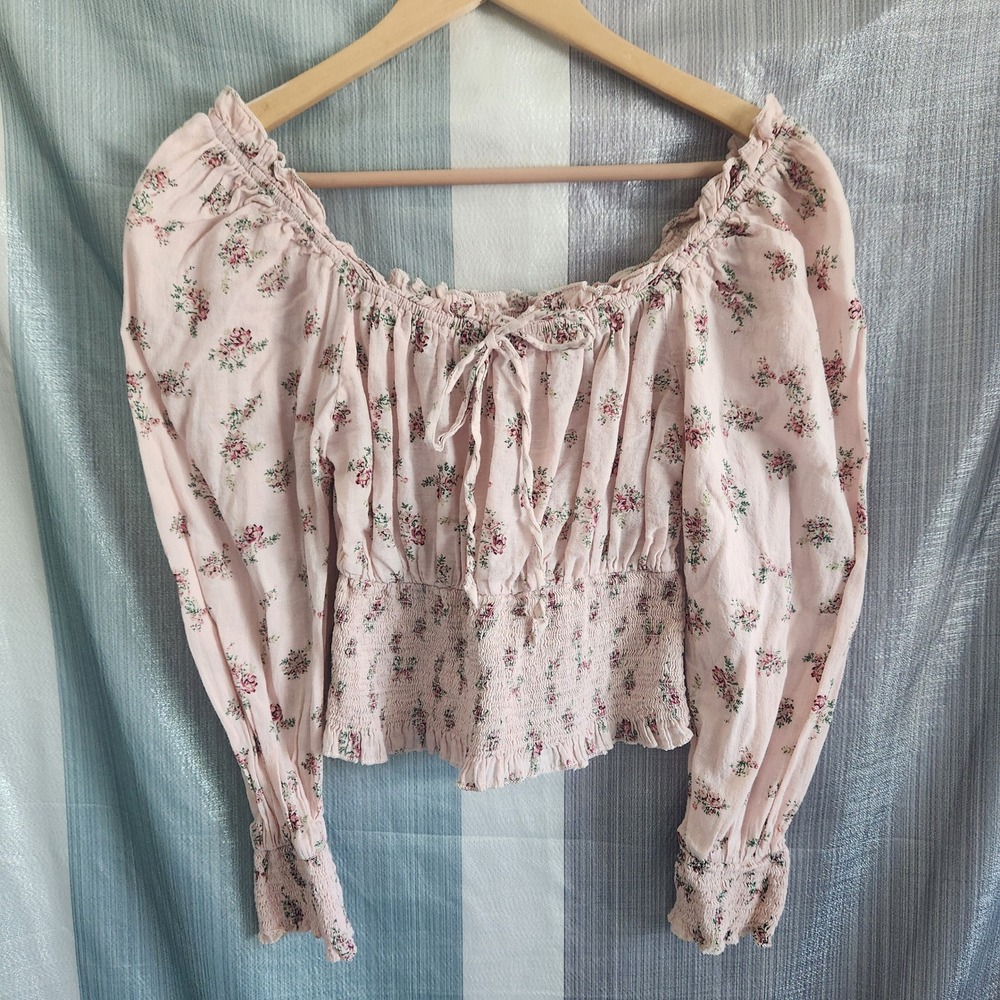 Pink Ditzy Floral Smocked Top Boho Puff Sleeve S Cottagecore Garden Praire Fairy